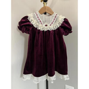 Vintage Little Precious Burgundy Velvet Lace Apron Collar Floral Dress, 3t